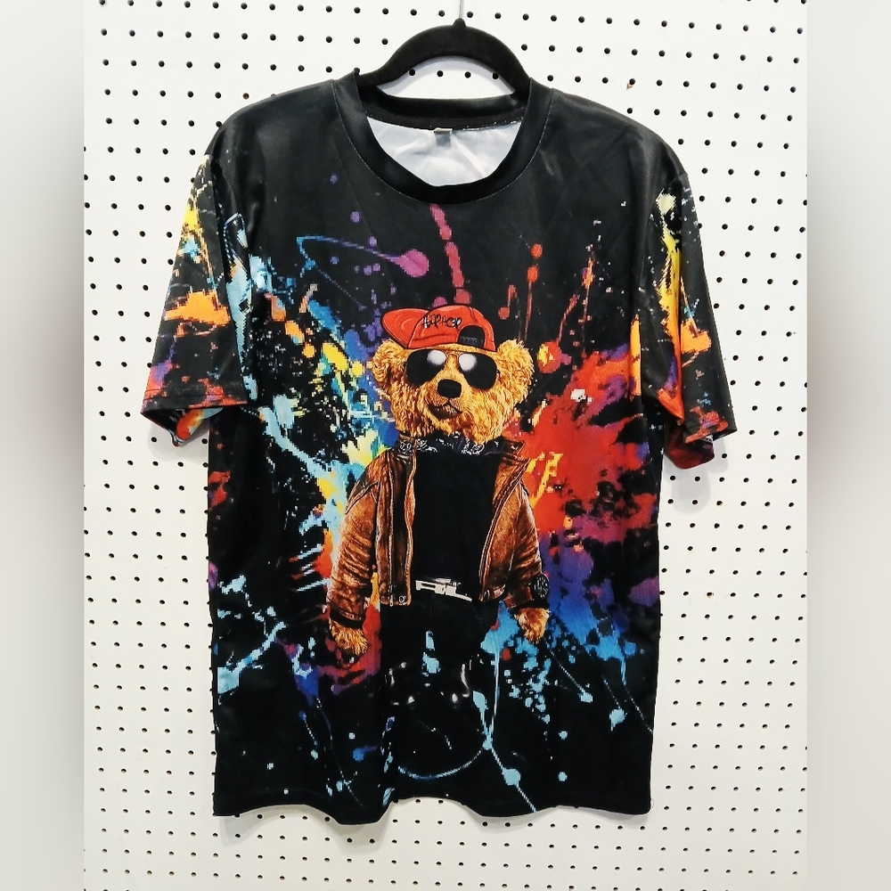 Vibrant Black Graphic Bear Tee